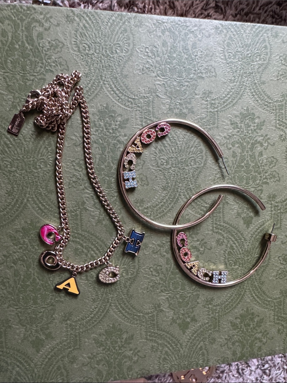 COACH Gold Letter Charm Necklace & Hoop Earrings with Multicolor Lettering